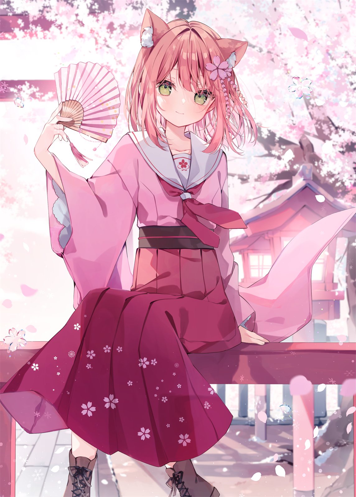 桜の下で扇子を持つ花音